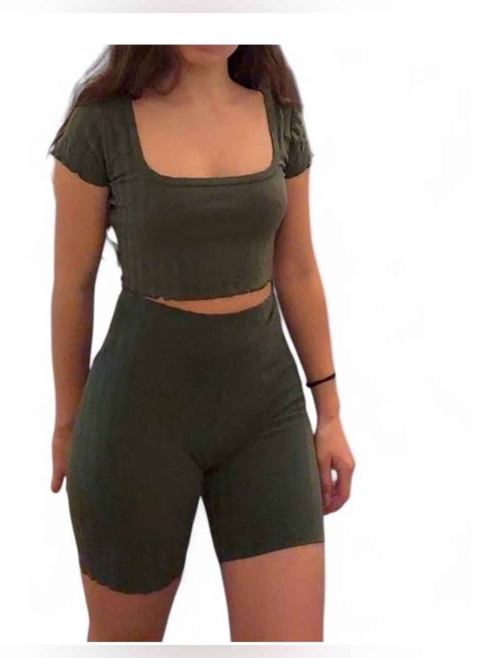 aerie Olive Ribbed Square-Neck 2 piece set + FREE Squishy Cube